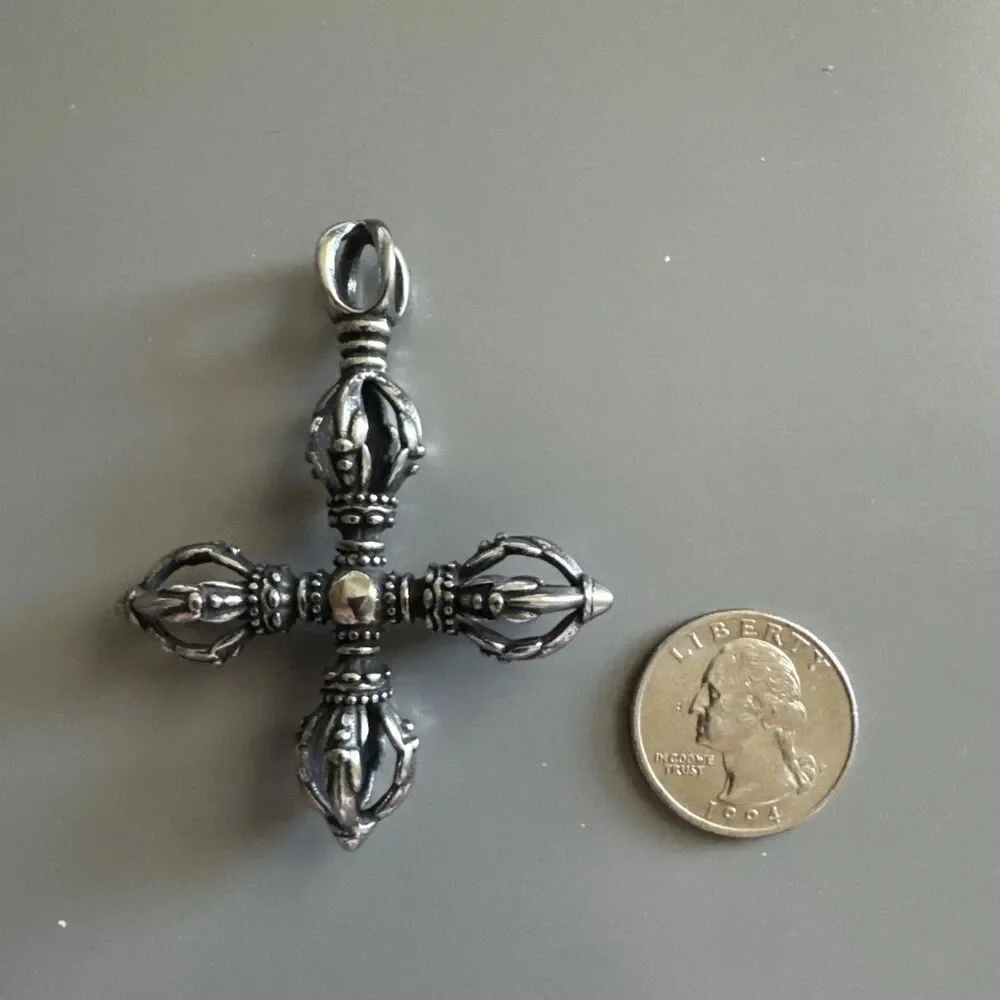 Tibetan Stainless Cross Vajra Dorje Amulet Keychain Pendant Buddhist Ritual Tool